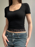 sleeve crop top with square neckline and lace