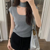 Sense Hanging Neck Shoulder Sleeveless Knitted Shirt Spring New Slim High Waist Short Vest Bottomed Blouse-Outfit