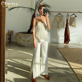 Sexy Halter Backless Tank Top Set Woman 2 Piece Bodycon Beige Pleated Pants Set Female Elegant Skinny Slit Trouser
