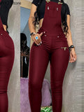 Women One Piece Outfits PU Jumpsuits Buckled Zipper Design Suspender