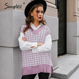 Houndstooth knitted sweater vest women V neck sleeveless oversized pullover vintage Fall winter female waistcoat