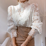 Women Lace Blouse Petal Sleeve Hollow Out Flower Lace Patchwork Shirt Femme Blusas Stand Collar Button White Top