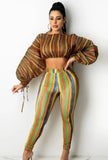 Colorful Striped Puff Sleeve Crop Top and Pants 2pc