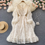 Style Femininity Waist Thin Knee Long Sleeve First Love Dress A Elegant Temperament V-Neck Lace