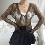 Sweetown 2000s Kawaii New Lace Cardigan Tops Women See Through Sexy Mesh T-Shirt Tie V Neck Long Sleeve Cute Aesthetic Tee