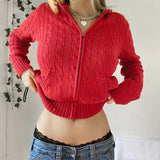 Vintage Brown Solid Hooded Y2K Sweaters Women Autumn Winter Lantern Sleeve Zip Up Jacket Cardigan Knitted Hoodies