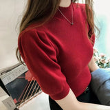 Turtleneck Knitted Summer Tops Woman Simple Slim Short Puff Sleeve Shirts Soft Solid Spring Shirt Tees Female Chic