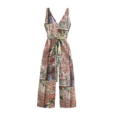 Women Fashion With Belt Floral Print Front Vents Jumpsuits Vintage Backless Bow Tie Straps Female Playsuit