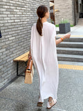 Fold Pleated Oversized Dress For Women Stand Collar Short Sleeve Loose Solid Midi Dresses Female Fashion
