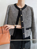 Women's Contrast Color Crew Neck Gold Button Up Tweed Jacket Long Sleeve Elegant