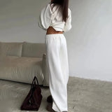 Women's Clothing 2025 Spring New Solid Color Round Neck Fashion Casual Broad Leg Trouser Sweater Set