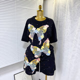 Set European Dress Design Butterfly Set Drill Short Sleeve T-Shirt Blouse Woman + Tight Waist Broad Leg Shorts Two