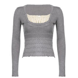 Knitted Cute Y2K Sweater Tops For Women Aesthetic Vintage Khaki Pullovers Top Square Collar Long Sleeve Kawaii