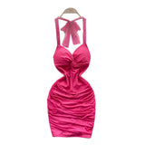 Wind Hanging Neck Sling Dress Women Summer Shiny Folds Design Ass Short