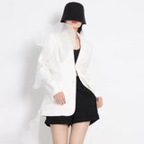 White Casual Blazer For Women Notched Collar Long Sleeve Patchwork Ruffle Trim Solid Blazers Female Fashion