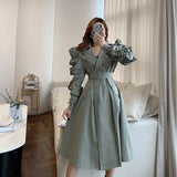 Korean Patchwork Ruffle Windbreaker For Women Lapel Long Sleeve Sashes Black Casual Trench Female Fashion