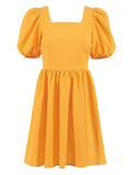 Crepe Elegant Woman Party Dresses Puff Sleeve A-Line Short Dress Spring Chic Ruched Dress High Waisted Dresses