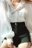 Women Shirts Office Lady Turn-down Collar Loose Lantern Sleeve White Blouses Tops Korean Fashion Elegant Blusas