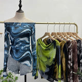 Dyed Printed Shoulder T-Shirt Design Sense Irregular Open Fork Thin Mesh Long Sleeve Top