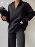 Women's Trousers Suit 2022 Winter Loose Solid Polo Neck Two Piece Set Casual Long Sleeve Knitwear+Wide Leg Pants