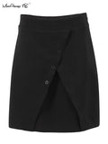 Black Elegant High Waisted Skirts Women Irregular Button Office Skirts Patchwork OL Ladies Mini Skirts Winter