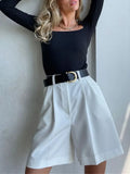New Summer Women's High-waisted Cuffed Solid Color Wide-leg Pants Fashion Overalls Women's Shorts Casual Five-point