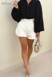 Elegant Solid Loose Shirt For Women Lapel Collar Long Lantern Sleeve Button Through Blouses Female Spring Fashion