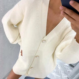 WOTWOY Casual V-neck Knitted Oversize Cardigan Women Buttons Loose Lantern Sleeve Sweaters Female Basic White Autumn Winter