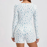 Women Floral Print Short Romper Spring Autumn Clothes V Neck Button-Down Long Sleeve Tight Jumpsuit Female Clothing-Outfit