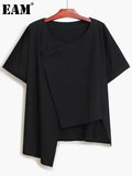 Women Black Big Size Casual Irregular Spliced Cross T-shirt V-Neck Short Sleeve Fashion Tide Spring Summer 2023