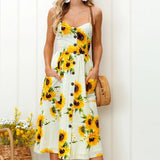 Summer Flower Dress Sexy Spaghetti Strap Floral Printed Sundress Fashion Backless Pocket Sunflower Plus Size Beach