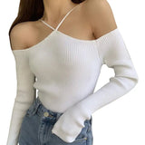 Woman Clothing Knitted T-shirt Autumn Clothes Harajuku Solid Color Off Shoulder Long Sleeve Tees Sexy Club y2k Streetwear-Outfit