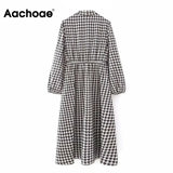 Elegant Houndstooth Dress Women Autumn Spring Bow Neck Vintage Plaid Midi Dress Lantern Long Sleeve Casual