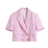 Women Fashion With Buttons Tweed Cropped Blazer Coat Vintage Long Sleeve Female Outerwear Chic Veste