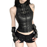 Street Babes High-Necked Metal Buckle Leather Waist Design Repair Short Sleeveless