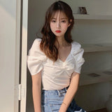 Women Summer Purple Solid V-neck Ruched Design Crop Top Elegant Korean Style Chic Female Sexy Cute Daily Trendy