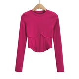 y2k streetwear white crop tops women long sleeve tees sexy o neck cropped t shirt bright line black tops cute ribbed-Outfit