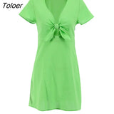 Summer V-Neck Women Hollow Out Dress Bow Flying Sleeve Pencil Dress Mini High Waist Sexy Robe Cotton Elegant Dresses
