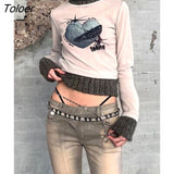 y2k Graphic Print Knittedwear Sweaters Women Grunge Long Sleeve Vintage Sweater Patchwork Pullovers Vintage 90S