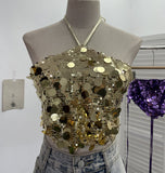 Industry Bling Bling Glide Hanging Neck Sling Vest One-Style Wrapping Tie With Large Bare Back Blouse