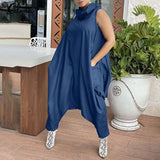 Celmia 2022 Women Long Jumpsuits Fashion Stacking High Collar Sleeveless Sexy Rompers Casual Dropped Crotch Zipper Harem