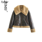 2023 Winter Women Thick Vintage Faux Leather Jacket Casual Zipper Warm Lambswool Biker Coat Female Short Outwear