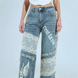 Style Hot Lace Spliced Straight Jeans Women's Summer Strap Design Prints Denim