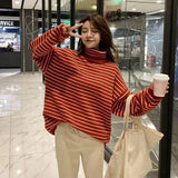 Women Stripes Sweater Harajuku Winter Vintage Women Thickening Loose Warm Turtleneck
