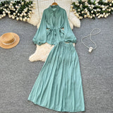 Simple Style Solid Temperament Suit Women's Spring Bubble Sleeve Strap Shirt + Tight Waist Slim Half Body Long