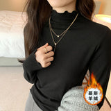 Velvet Bottomed Blouse With A New Autumn And Winter Black Semi-High Collar And A Polished Woolen Blouse In The Middle Of The Ear.-Outfit