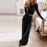 Women's Tracksuit Solid Basic Women T-shirt And Wide Leg Pants Loungewear Matching Sets Outfits Two Piece Set Jogging