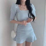 South Korea Chic Sweet Temperament Square Collar Exposed Clavicle Pits Slim Puff Sleeve Short Dress