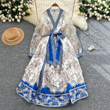 Retro Design Cross V-Neck Yarn Lantern Sleeve Strap To The Belt Print Big Swing Ponve