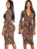 Leopard Print Zipper Long Sleeves Midi